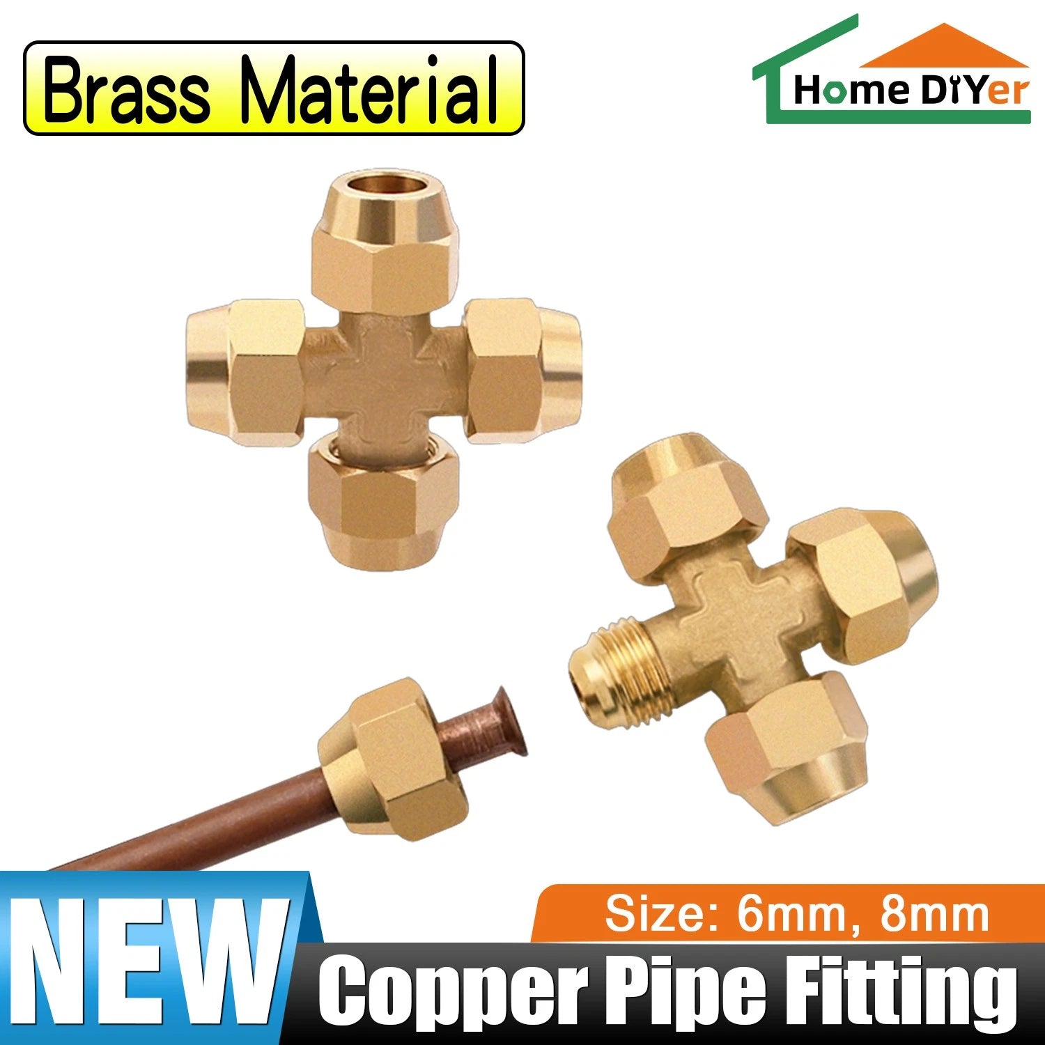 Brass Compression Cross Fitting 4-Way Flared Connector — 6mm & 8mm