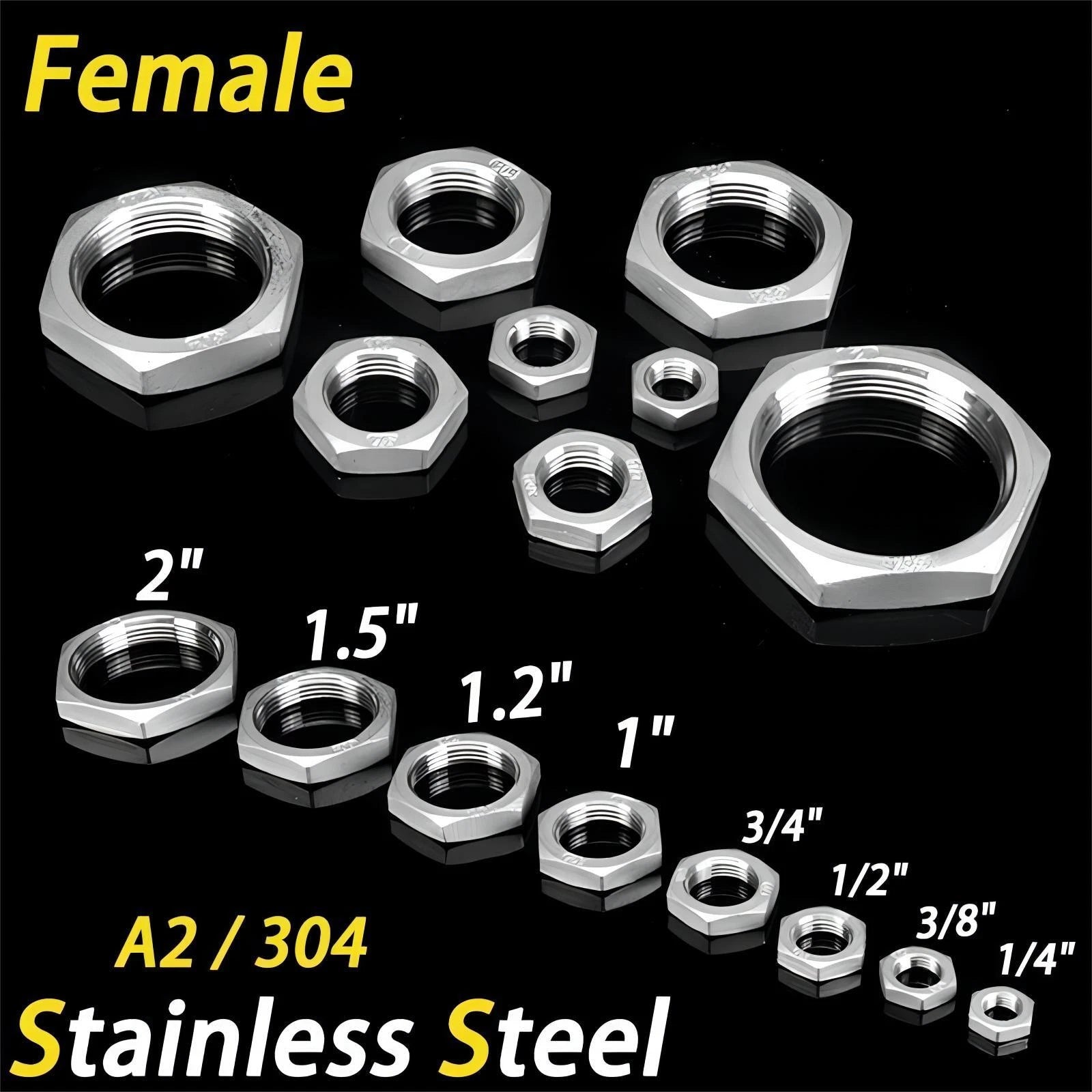 Stainless Steel 304 BSP Female Thread Pipe Fittings — 1/4" to 2"