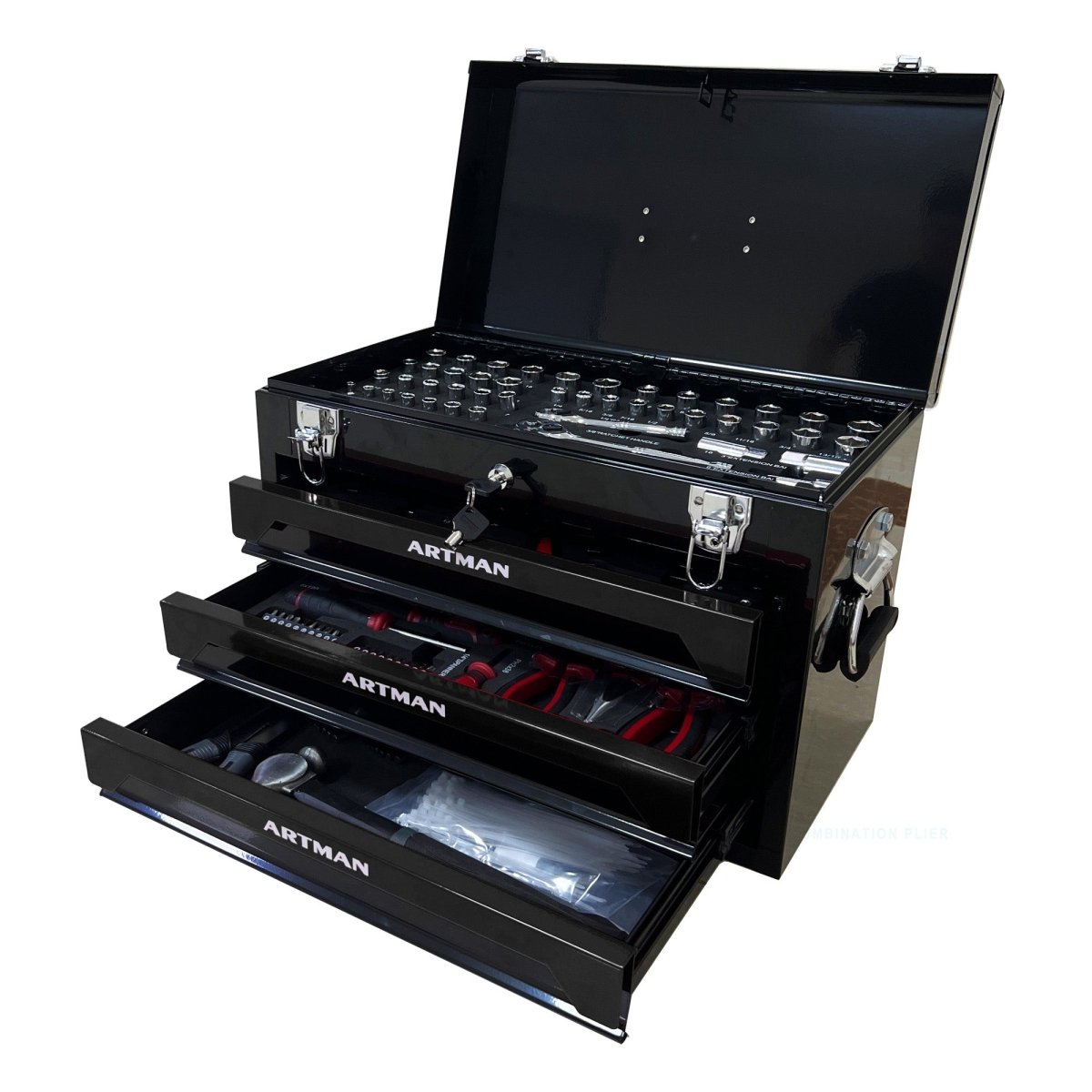 20'' Portable 3 - Drawer Steel Toolbox, 4 Layers of Tools with Metal Latches, with Top Storage Tray and carrying Handle, Multi - Function Tool Storage for Garage, Home, or Workbench,Black - HomeDIYer