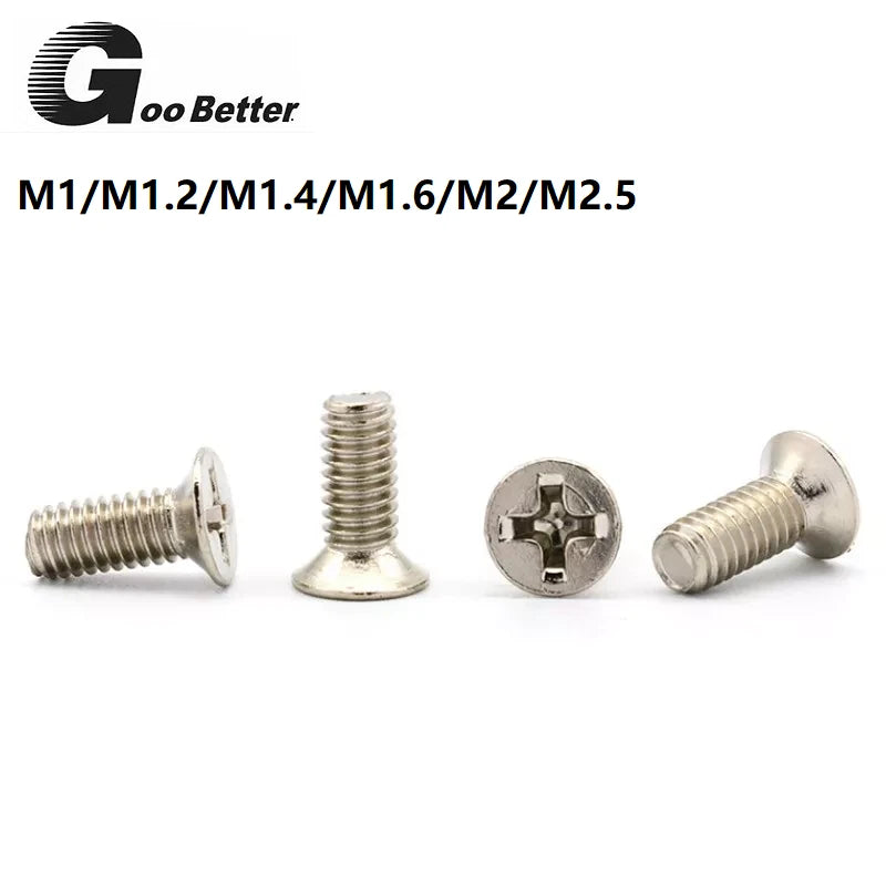 M1–M2.5 Countersunk Phillips Machine Screws – Nickel Plated Steel, Fully Threaded (Overall Length Includes Head)