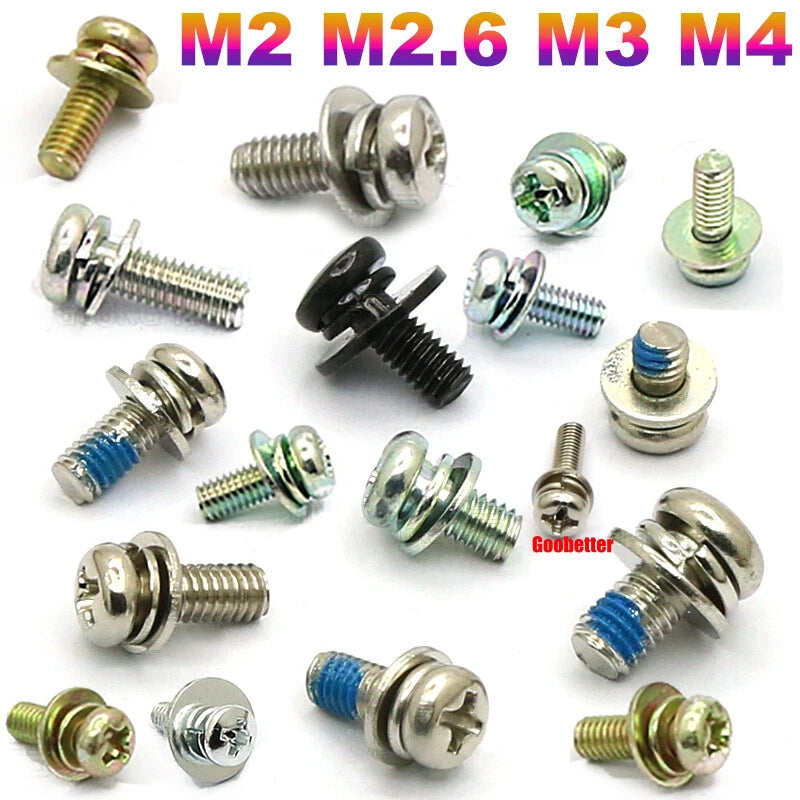 M2 M2.6 M3 M4 Phillips Pan Head Machine Screws with Washer Set – Carbon Steel, Multiple Finishes