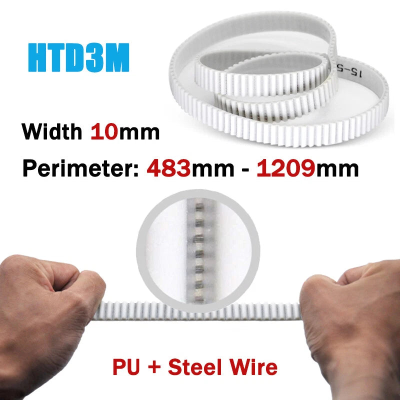 HTD3M Closed Loop Timing Belt – PU with Steel Wire, 10mm Wide, 483–1209mm