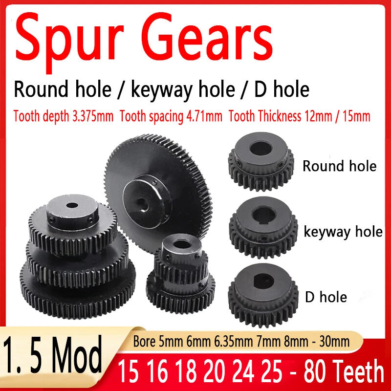 Mod 1.5 Steel Pinion Gear Spur Gears 15-80 Teeth 5-30mm Bore With Screw Hardened