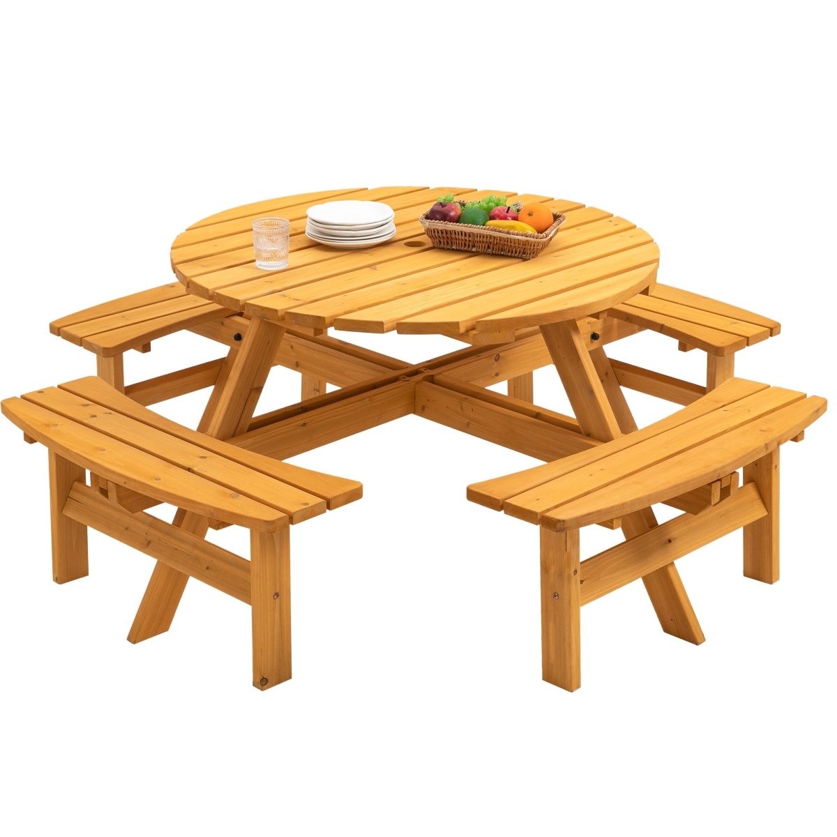 8 Person Wooden Picnic Table, Outdoor Camping Dining Table with Seat, Garden, DIY w/ 4 Built - in Benches, 2220lb Capacity - Natural - HomeDIYer