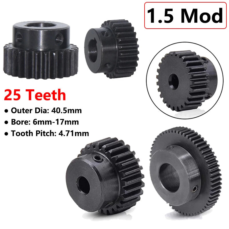 1.5Mod 45# Steel Spur Gear 25 Teeth Bore 6-17mm Pinion Gear With Step Motor Gear