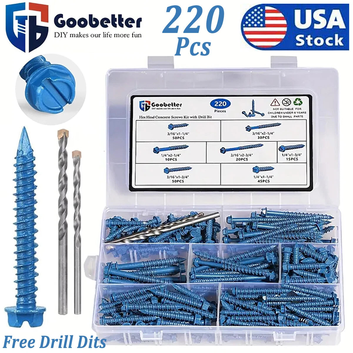 220x 1/4" 3/16" Hex Washer Head Concrete Masonry Screws Tapcon Anchor & Bit DIY