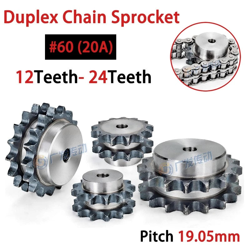 Duplex Chain Sprocket 12T - 24T Pitch 19.05mm For #60 12A Roller Chain 45#Steel