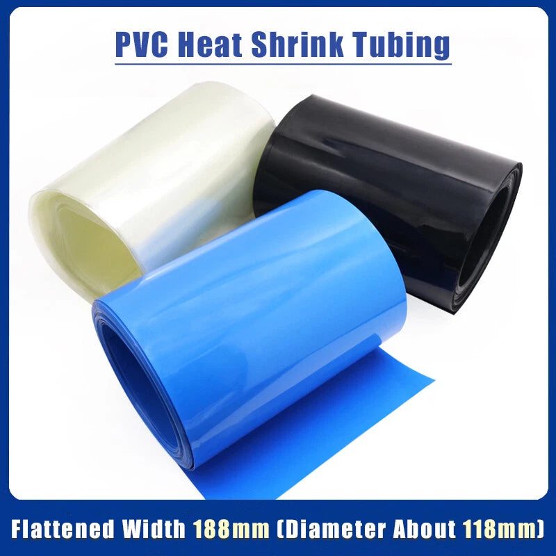 188mm Flat Width PVC Heat Shrink Tubing for Battery Packs — Black, Blue & Clear