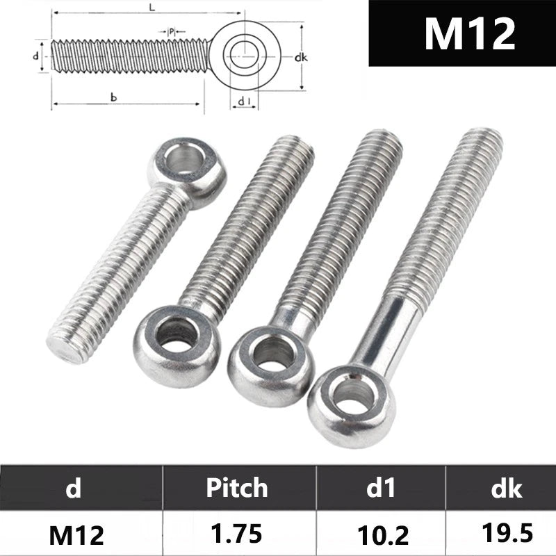 M12 Eye Bolts 304 Stainless Steel – Threaded Ring Screws for Catenary Wire & Hanging (40–150mm) - HomeDIYer