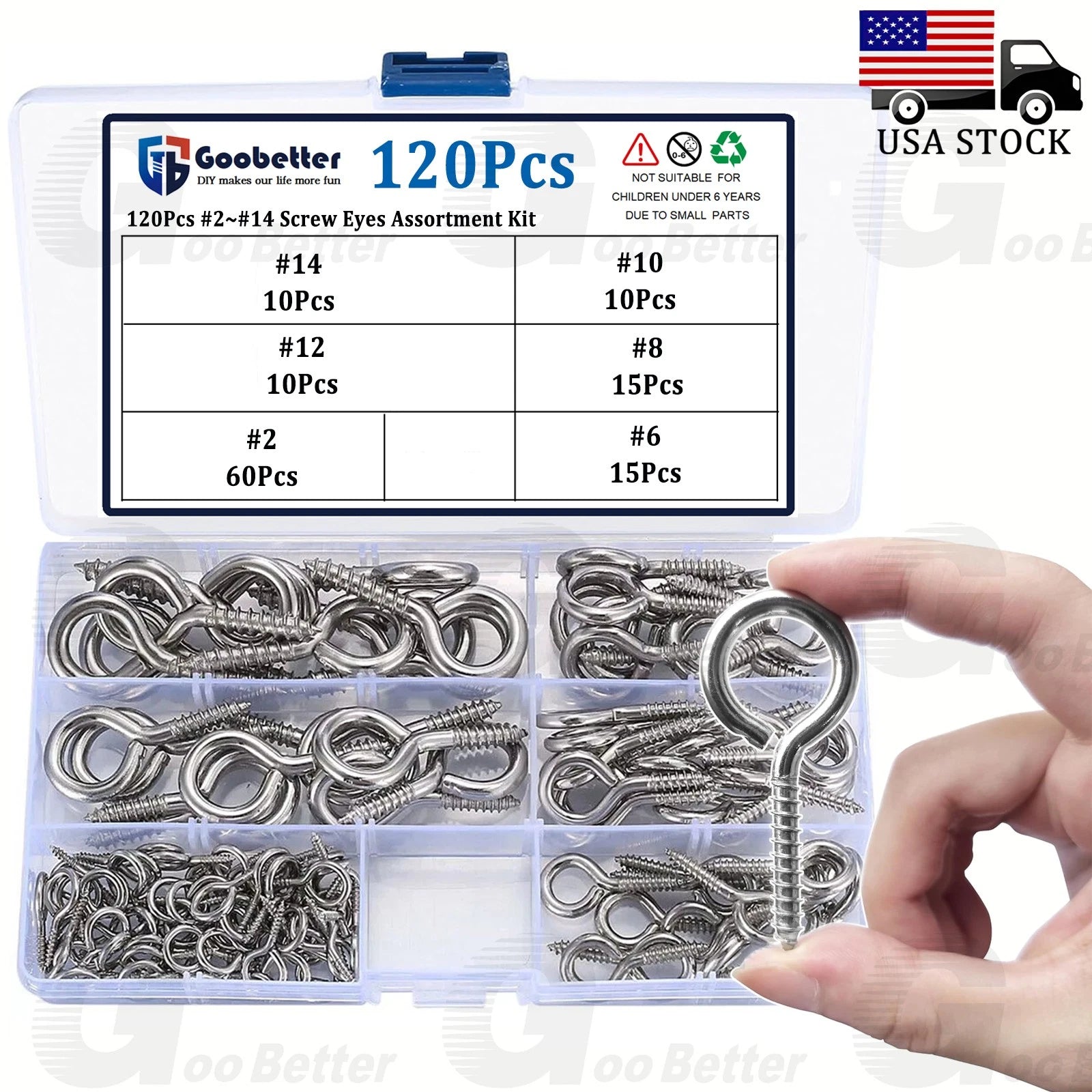 120Pcs Screw Eyes Nickel Plated Metal Eye Shape Screw Self Tapping Screws #2~#14