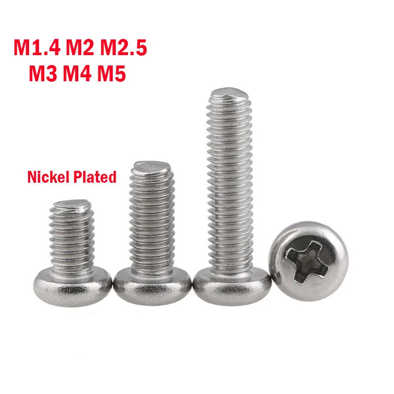 M1.4–M5 Round Head Phillips Machine Screws, Nickel Plated Metric Bolts