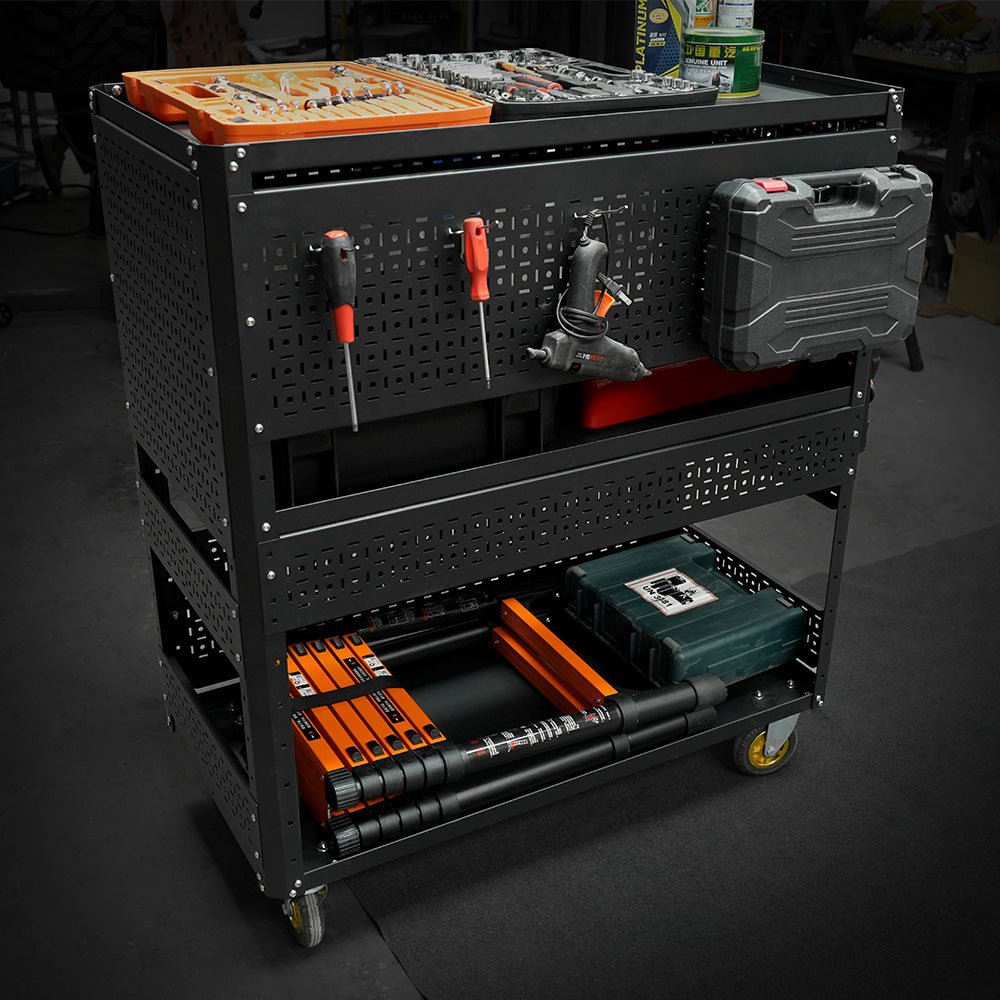 3 - Tier DIY Detachable Utility Cart Storage Tool Cart With Steel Pegboard, Foldable Rolling Tool Cart with Wheels For Garage Organizer and Tool Storage - HomeDIYer