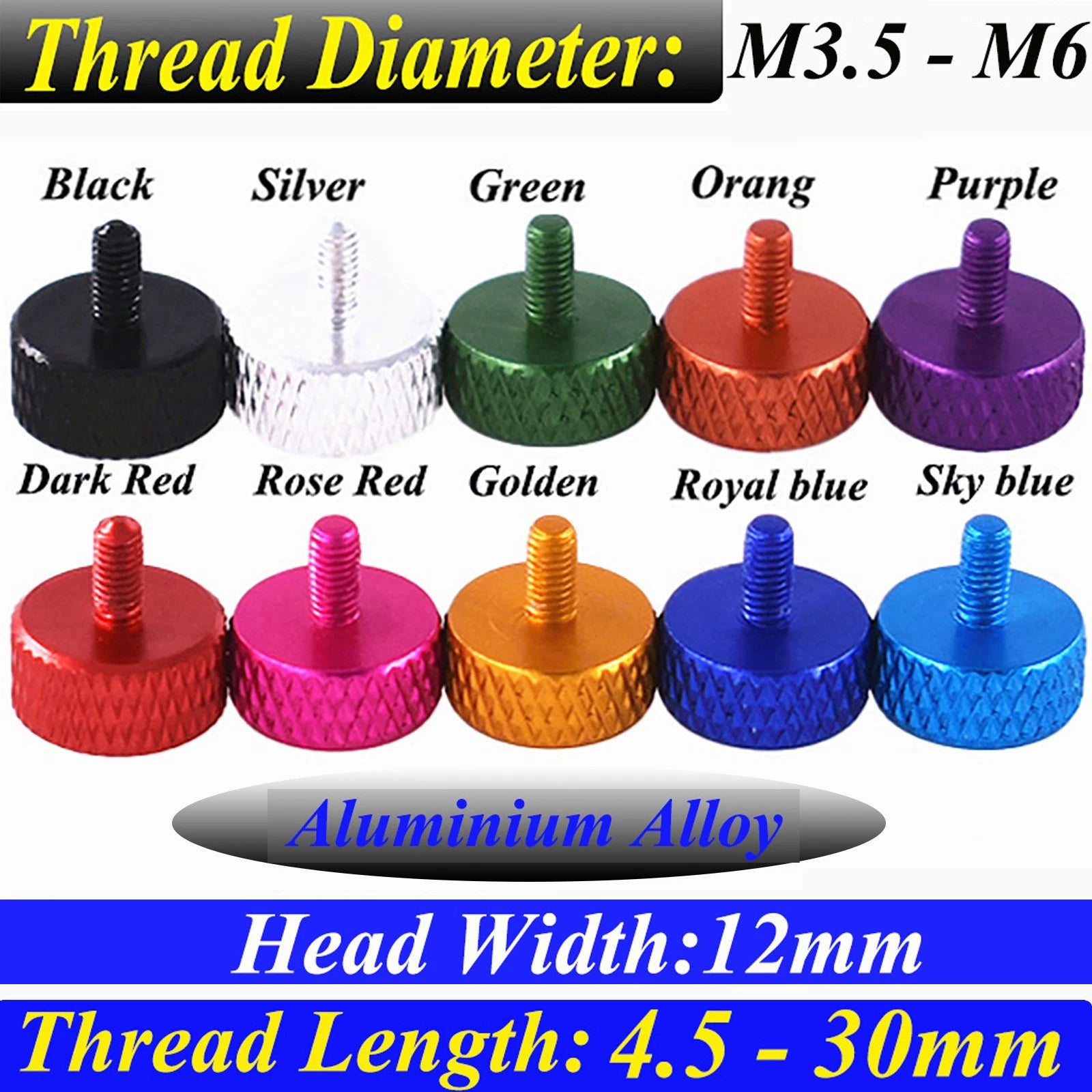 Colorful Thumb Knurled Screws M3.5 - M6 Hand Tighten Grip Knob Bolts 4.5 - 30mm
