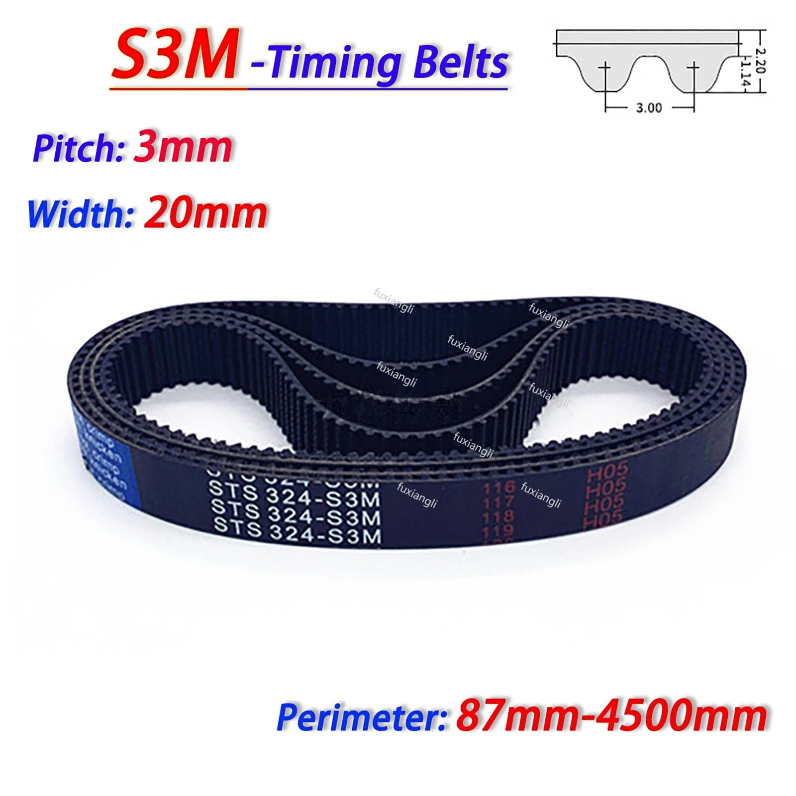 S3M Timing Belt 87–4500mm Closed Loop Rubber Drive Belt Pitch 3mm Width 20mm