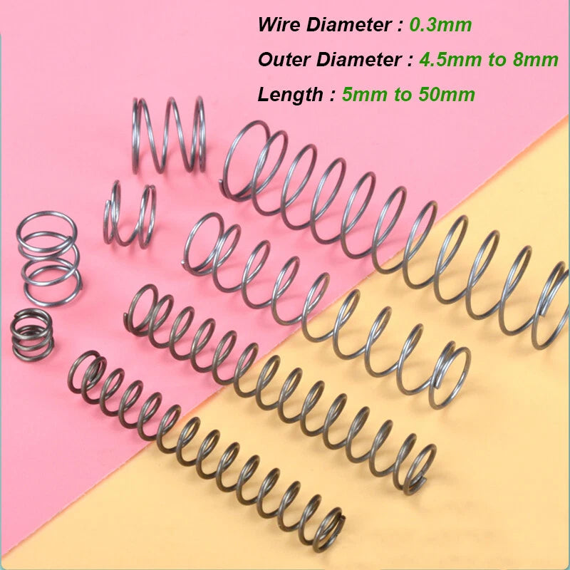 10Pcs Spring Steel Compression Pressure Springs 0.3mm Wire Diameter OD 4.5mm-8mm