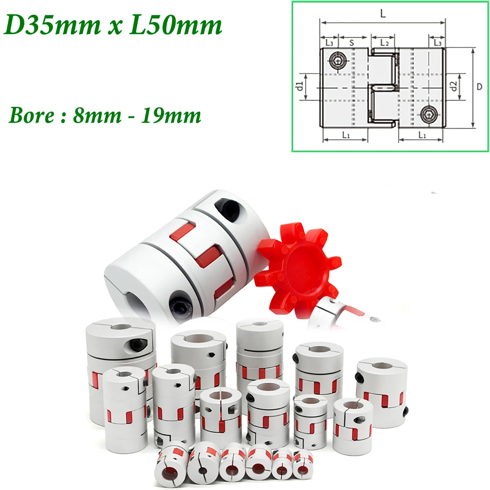 35mm CNC Flexible Shaft Coupling Spider Splined Jaw Plum Coupler Pumps Motor Alu