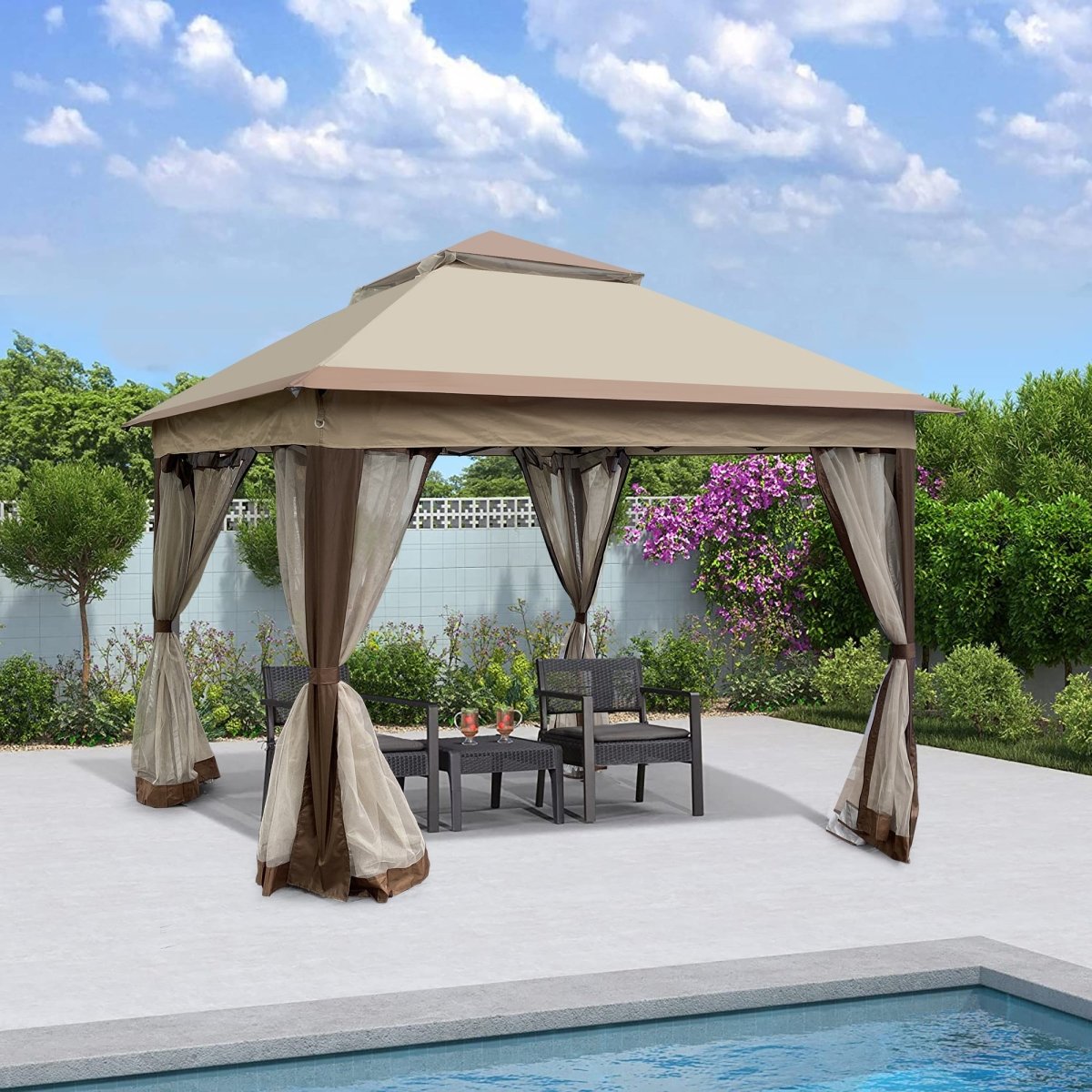 Outdoor 11x 11Ft Pop Up Gazebo Canopy With Removable Zipper Netting,2 - Tier Soft Top Event Tent,Suitable For Patio Backyard Garden Camping Area,Coffee - HomeDIYer