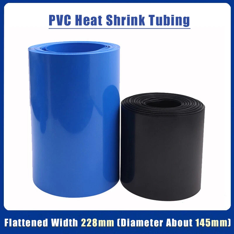 228mm Flat Width PVC Heat Shrink Tubing for Battery Packs — Black, Blue & Clear