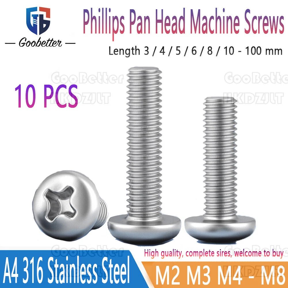 M2–M8 A4 Stainless Steel Phillips Pan Head Machine Screws – Marine Grade 316, 3–100mm Lengths - HomeDIYer
