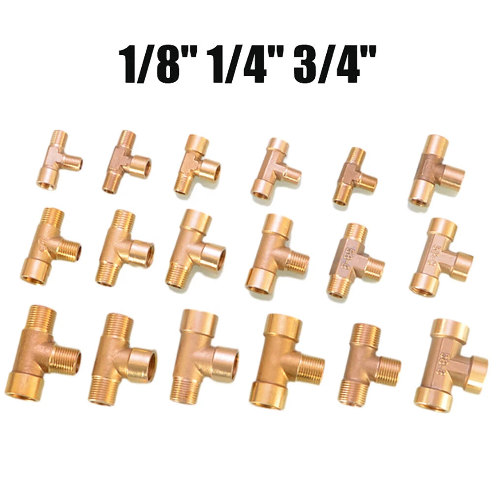 Brass BSP Tee Fitting 1/8" 1/4" 3/8" — Male Female Thread Pipe Connector