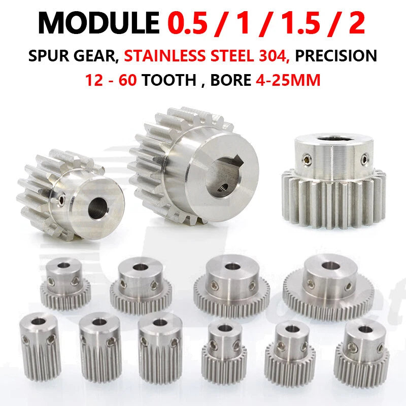 Mod 0.5 1 1.5 2 Precision Spur Gear Stainless Steel with Hub 12 Tooth - 60 Tooth