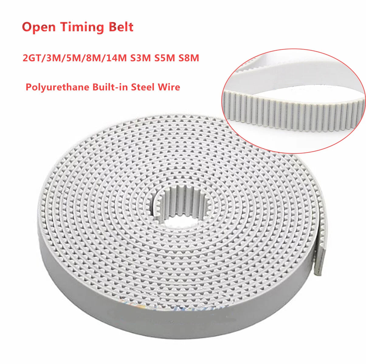 Open Timing Belt — 2GT / HTD-3M 5M 8M 14M / S2M S3M S5M S8M | Polyurethane + Steel Wire