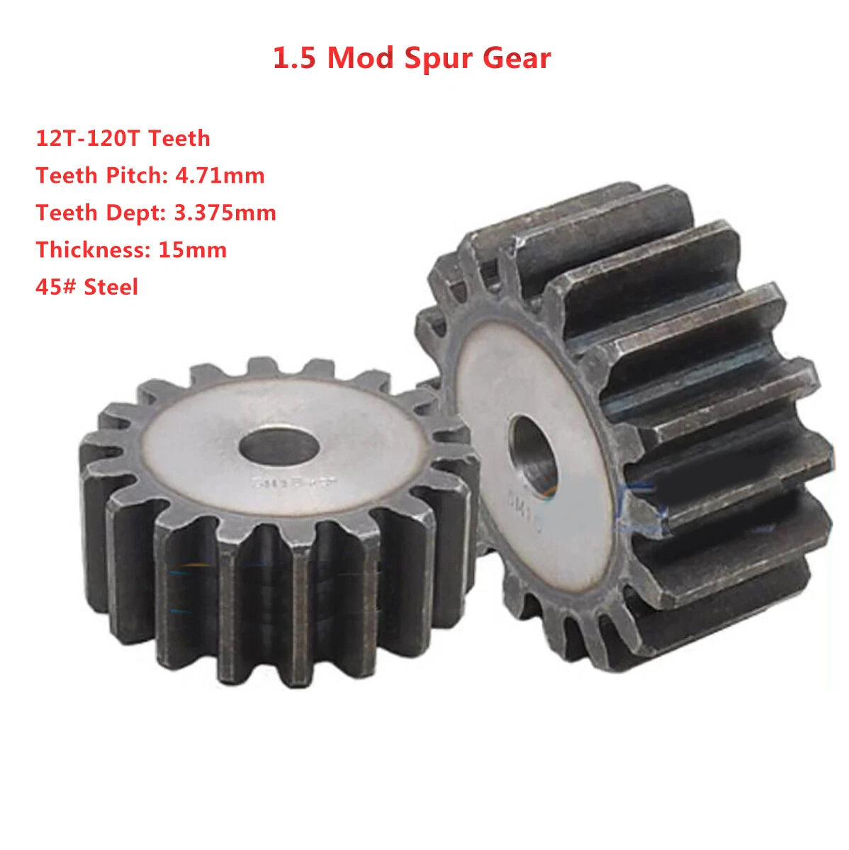 1.5 Mod Spur Gear 1.5M 12T-120T Teeth Flat Gear,Motor Transmission Gear,45#Steel