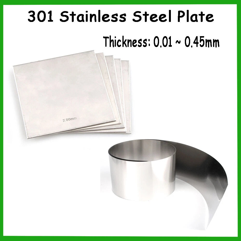 301 Stainless Steel Sheet — 0.01mm to 0.45mm Thin Metal Plate, Multiple Sizes