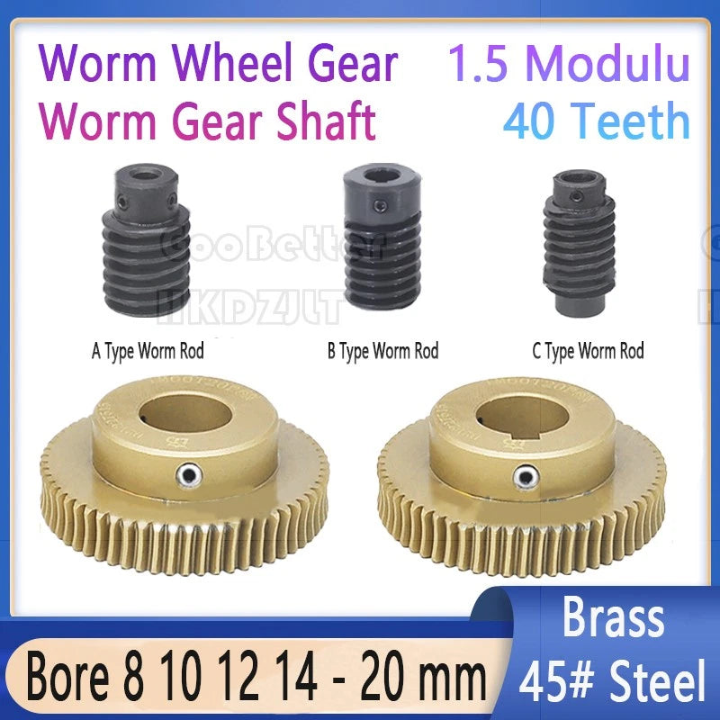 Mod 1.5 Worm Gear Wheel Brass 40 Tooth Worm Shaft 45# Steel Precision Ø 8-20 mm