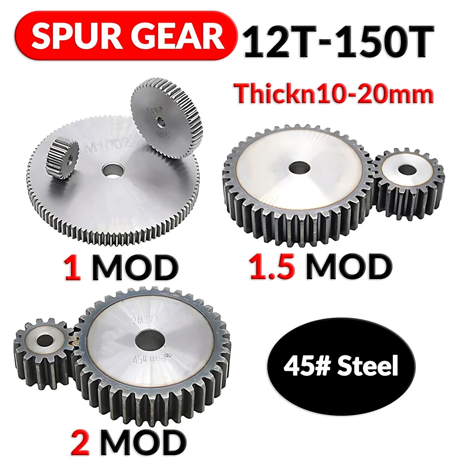 1/1.5/2 Mod 12T-150T Spur Gear 45# Steel Pinion Gear Thickn10-20mm Transmission