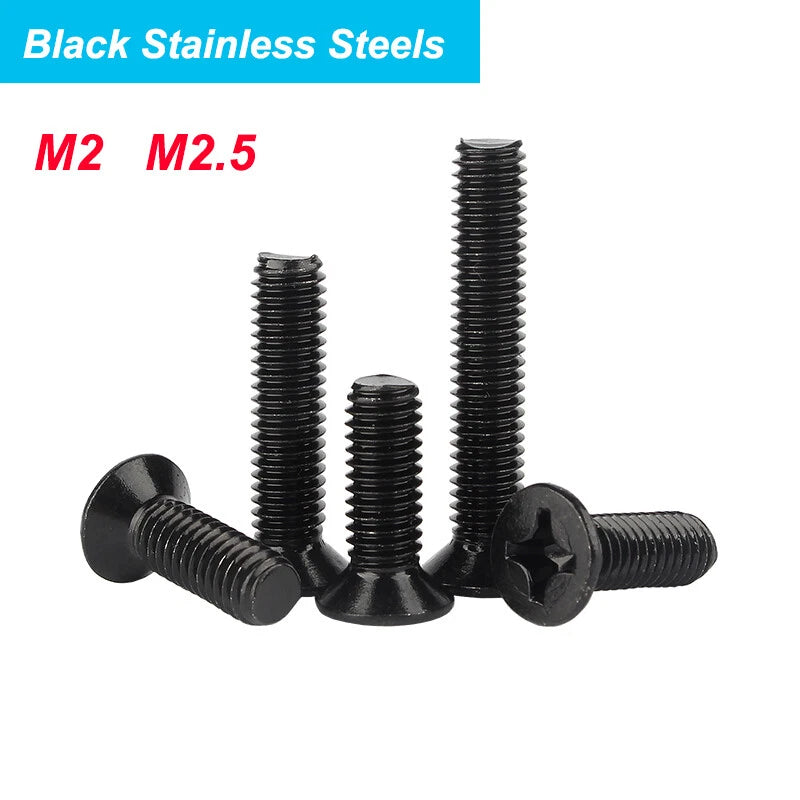 Black Countersunk Phillips Machine Screws – M2 & M2.5, A2 Stainless Steel, Fully Threaded (3–60mm Overall Length)
