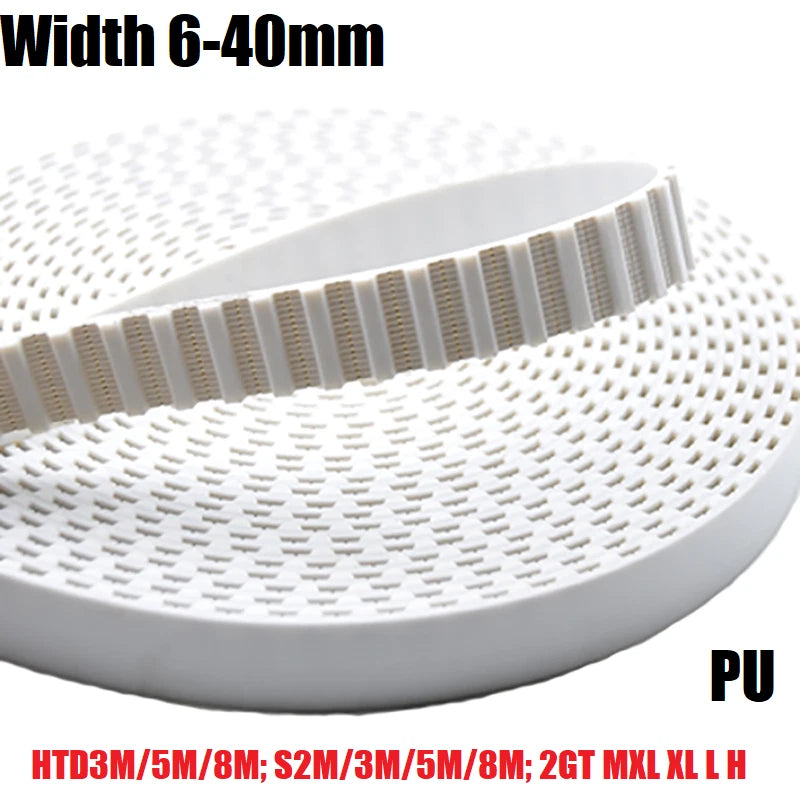 White PU Open-End Timing Belt — 2GT HTD S L H XL MXL | 3D Printer & CNC | 6–40mm Wide