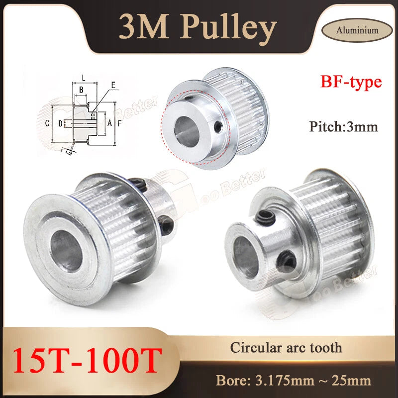 3M Timing Belt Drive Pulley BF-Type 15T-100T Bore 3-25mm For 10mm Width Belt