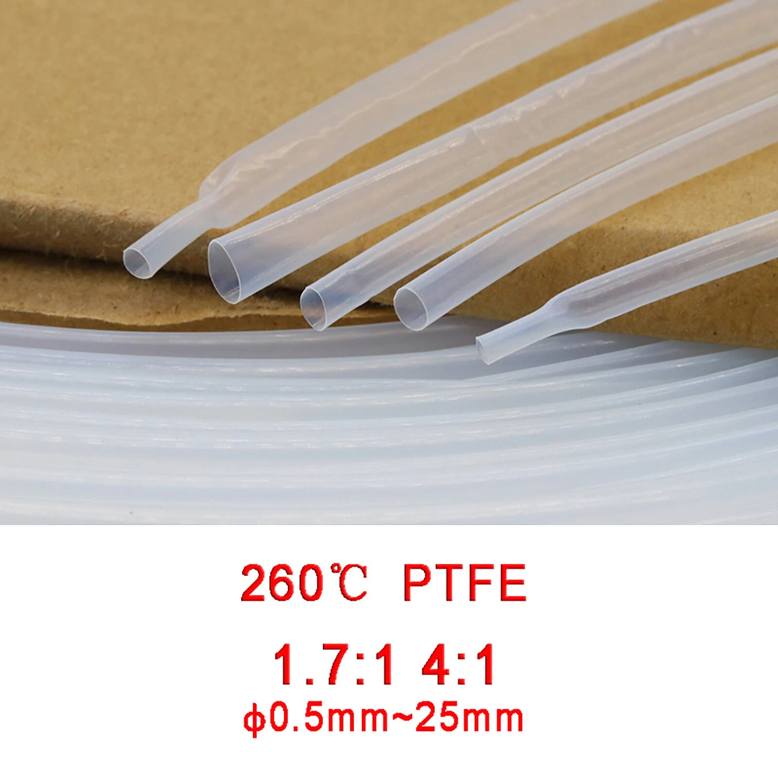 PTFE Heat Shrink Tubing — 1.7:1 & 4:1 Shrink Ratio, 300°C Rated, Oil Resistant