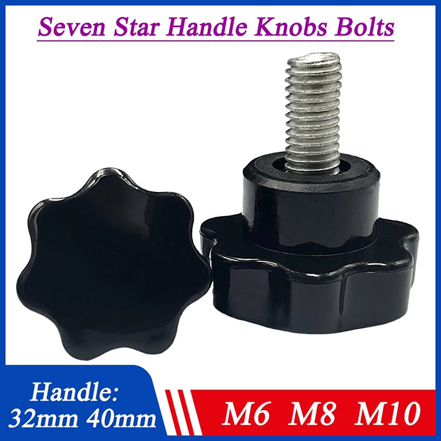 Plastic Seven Star Handle Knobs Clamping Bolts Thumb Screws Black M6 M8 M10
