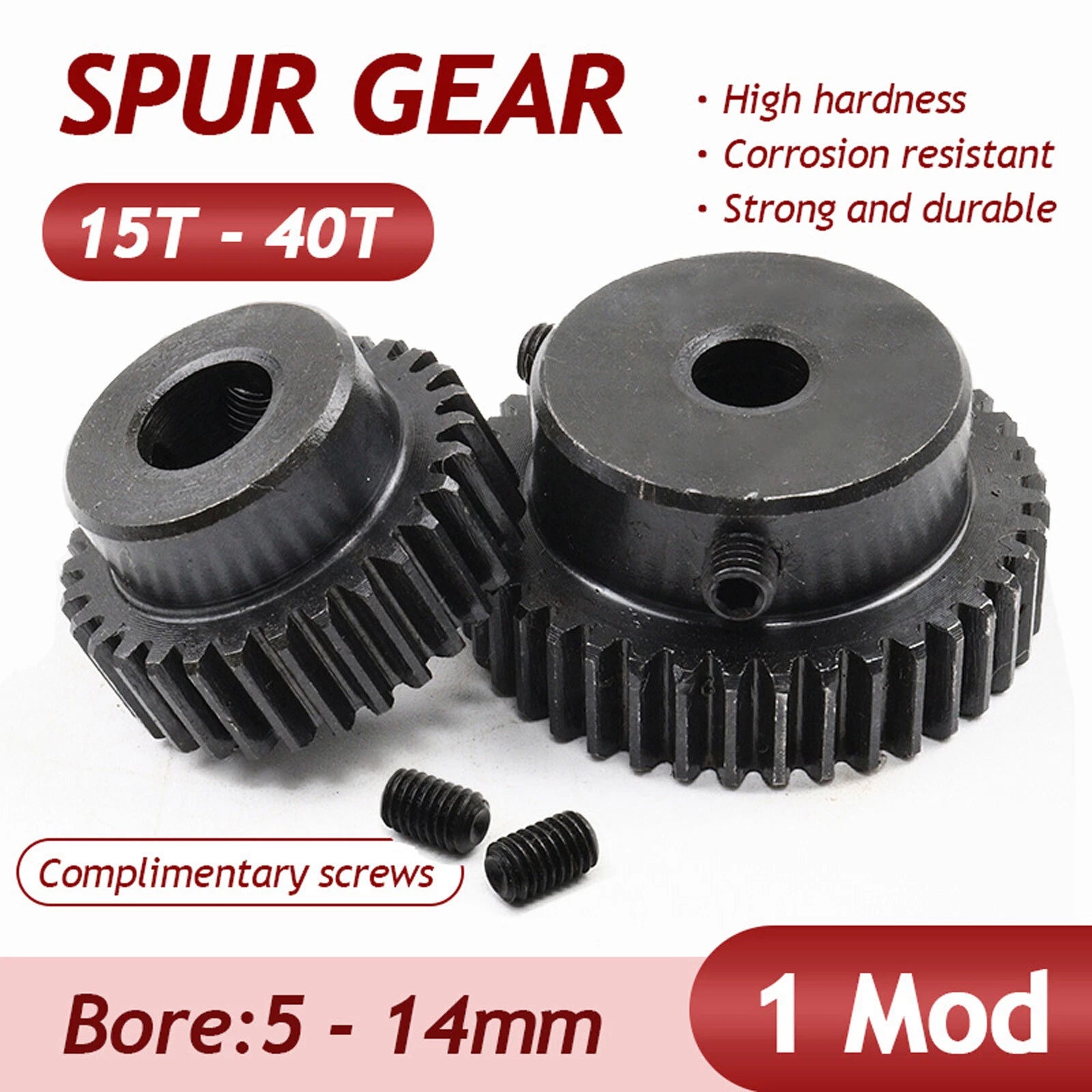 1 Mod Spur Gear 15T-40T  Pinion Gear with Step Motor Gear 45# Steel Bore 5-14mm