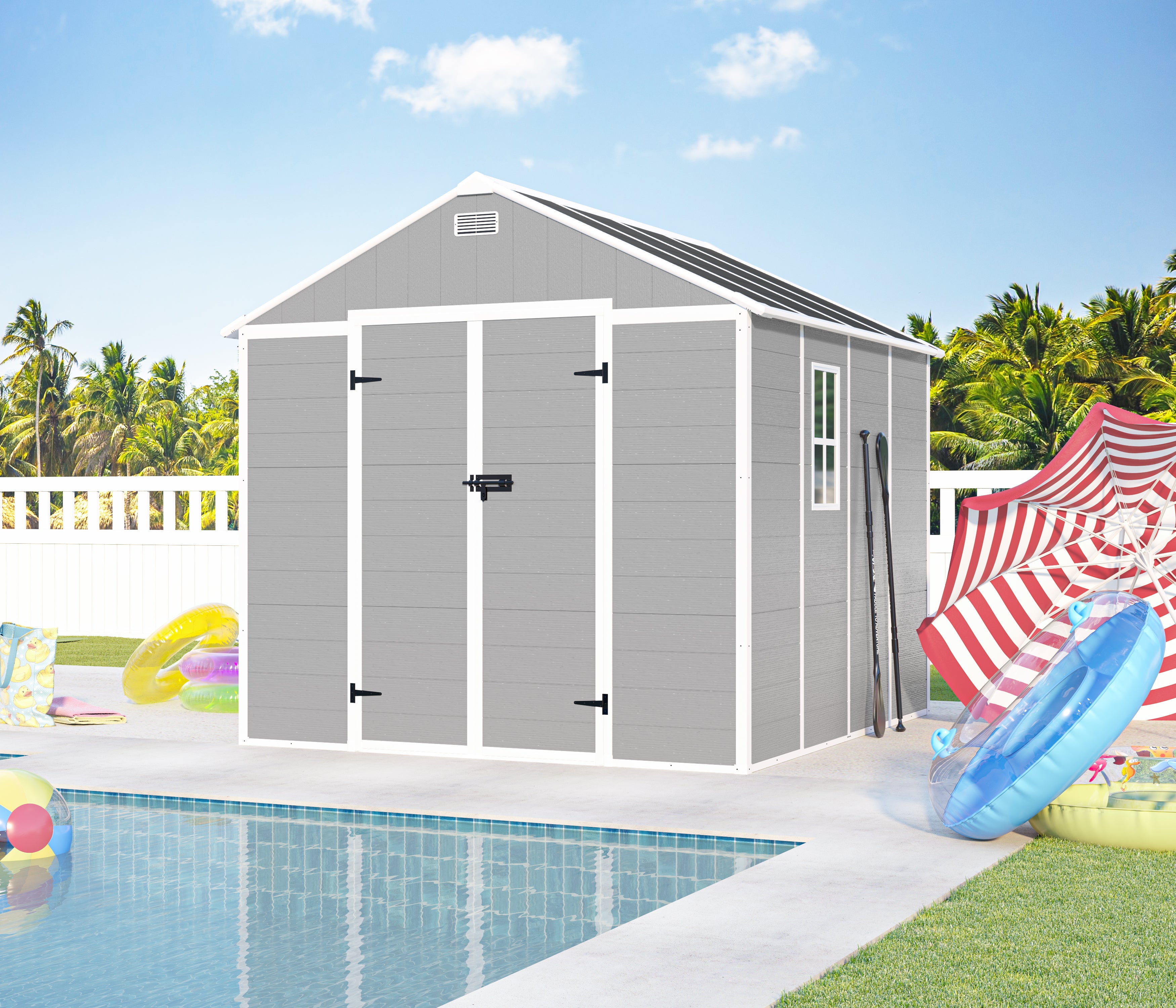 8x8 ft Resin Storage Shed, High Quality Pp Material, Strong Structure, Waterproof, Rust And Uv Proof, Large Storage Space, 12mm Thick Pp Board, Hd Window Lighting