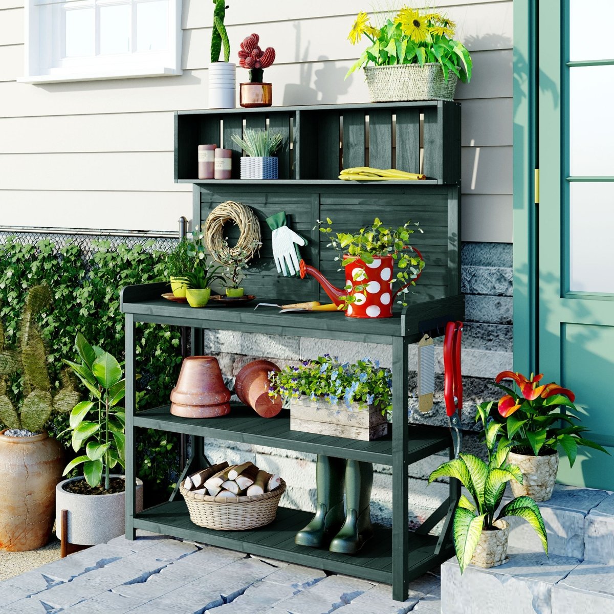 65" Large Wooden Farmhouse Rustic Outdoor Potting Bench Table, Patio Workstation, Garden Potting Bench with 4 Storage Shelves and Side Hook, Forest Green - HomeDIYer