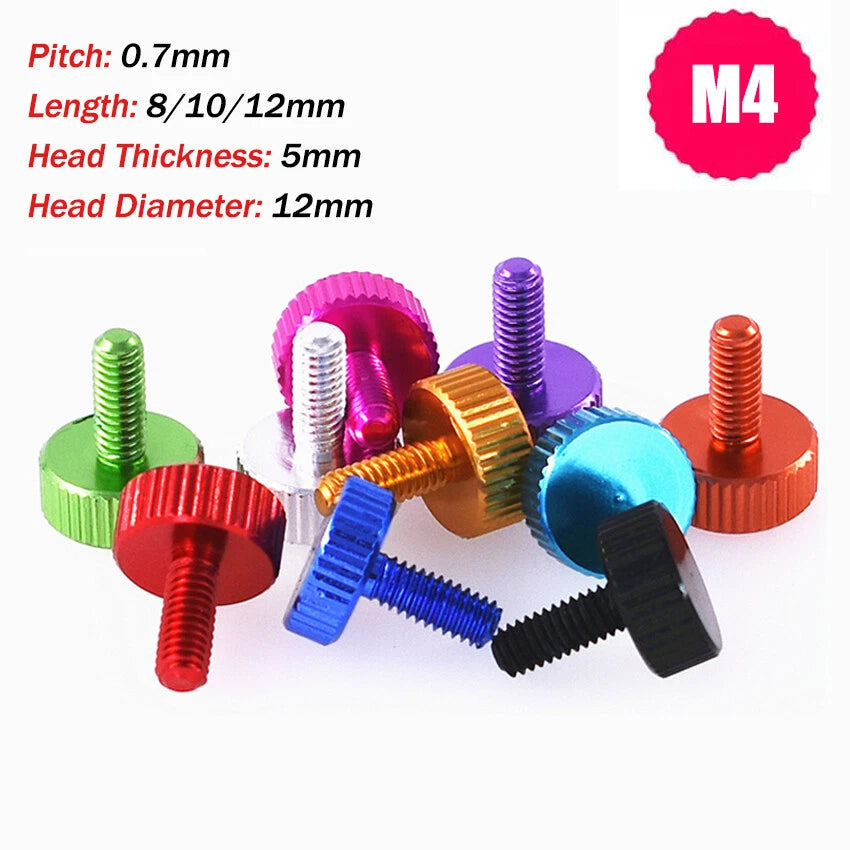 Aluminium Alloy Knurled Thumb Screws M4x8/10/12mm Hand Grip Knob Bolts Colourful