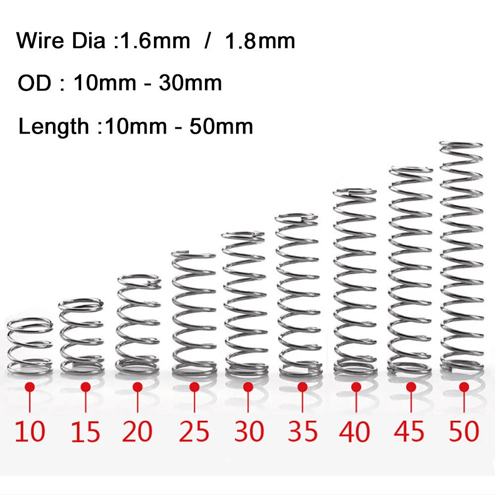10Pcs Wire Dia 1.6mm-1.8mm 304 Stainless Steel Compression Spring OD 10mm-30mm