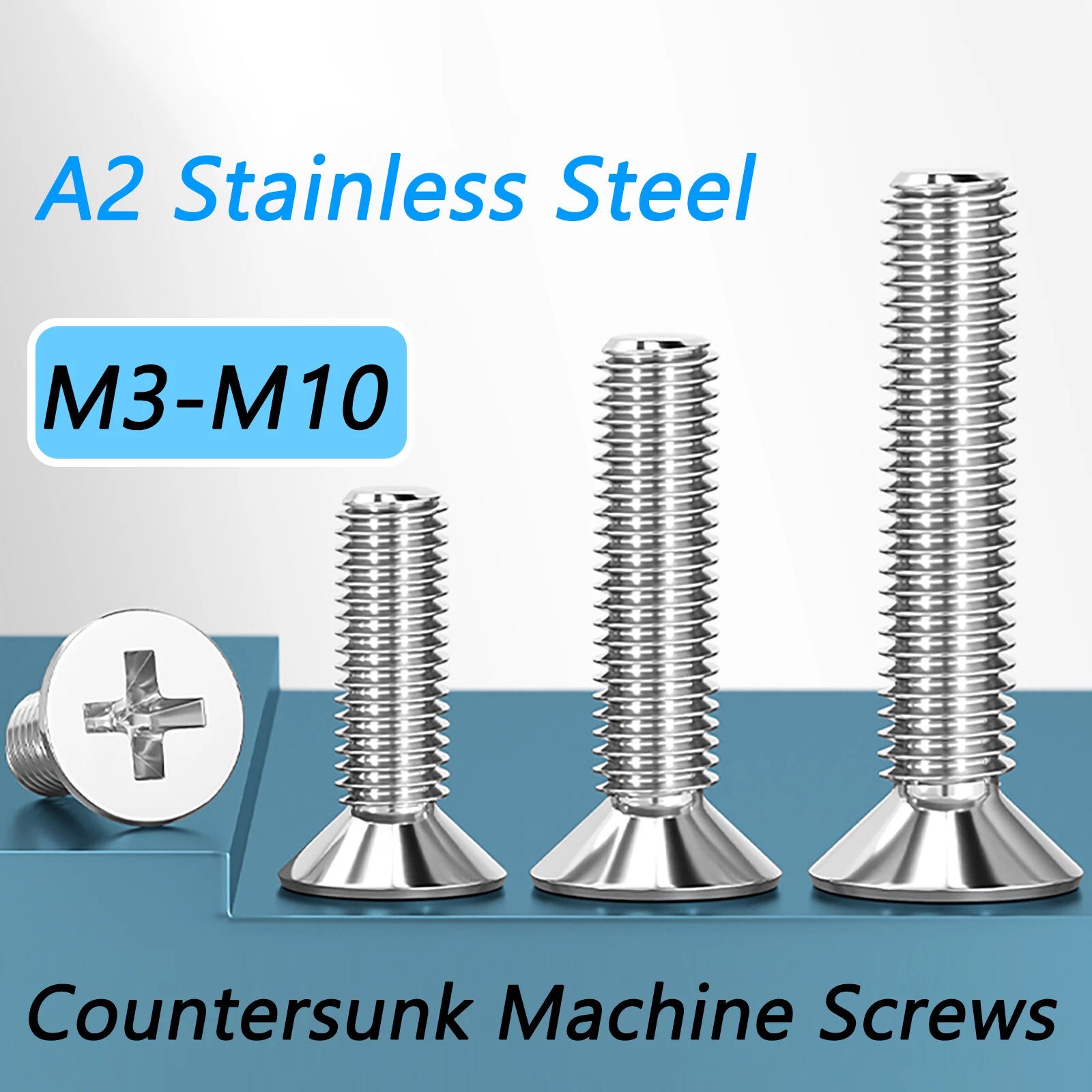 M3–M10 Phillips Countersunk Machine Screws – A2 Stainless Steel, Flat Head, Fully Threaded (3–100mm Overall Length)