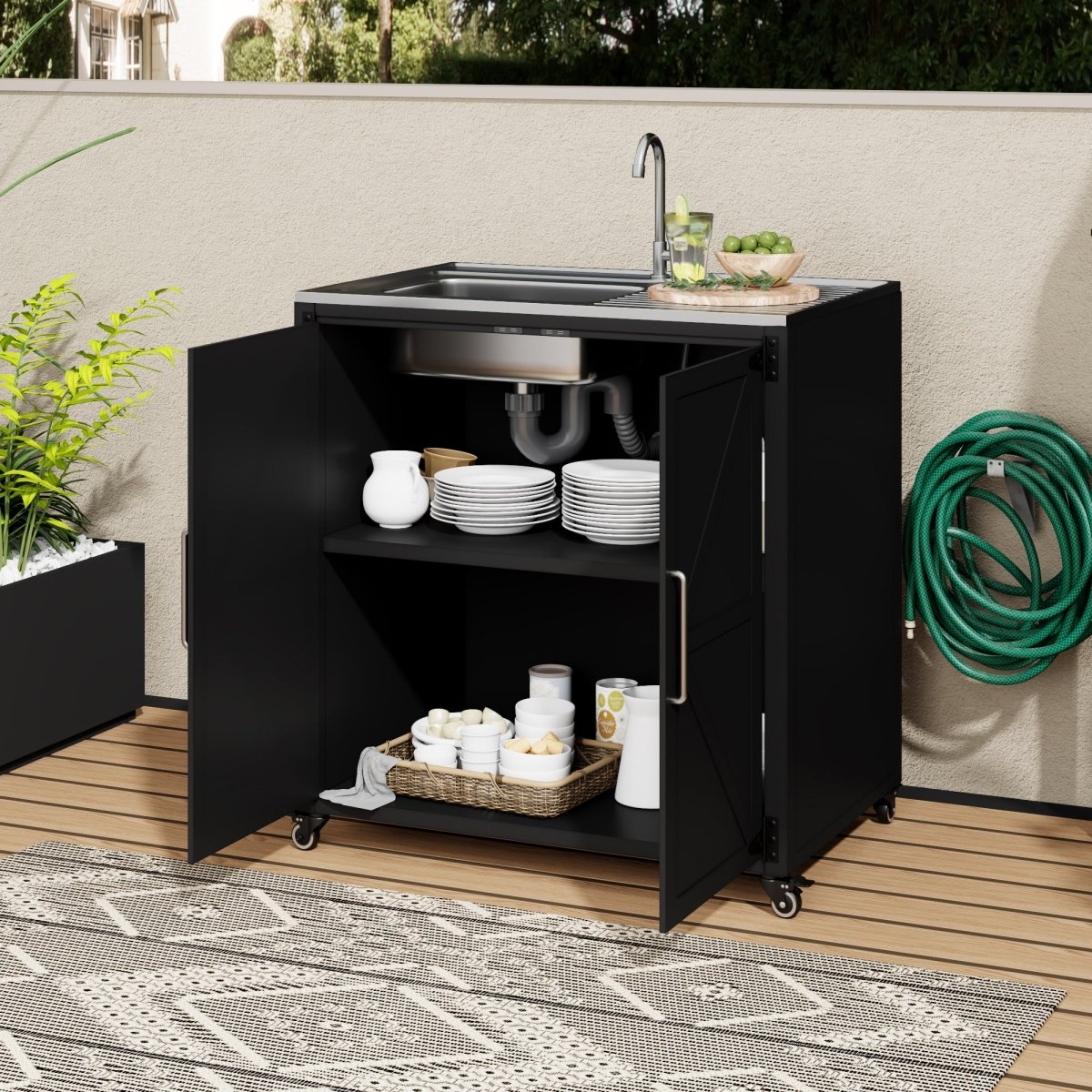 Outdoor Mobile Kitchen Sink Station | Stainless Steel with Storage Cabinet - HomeDIYer