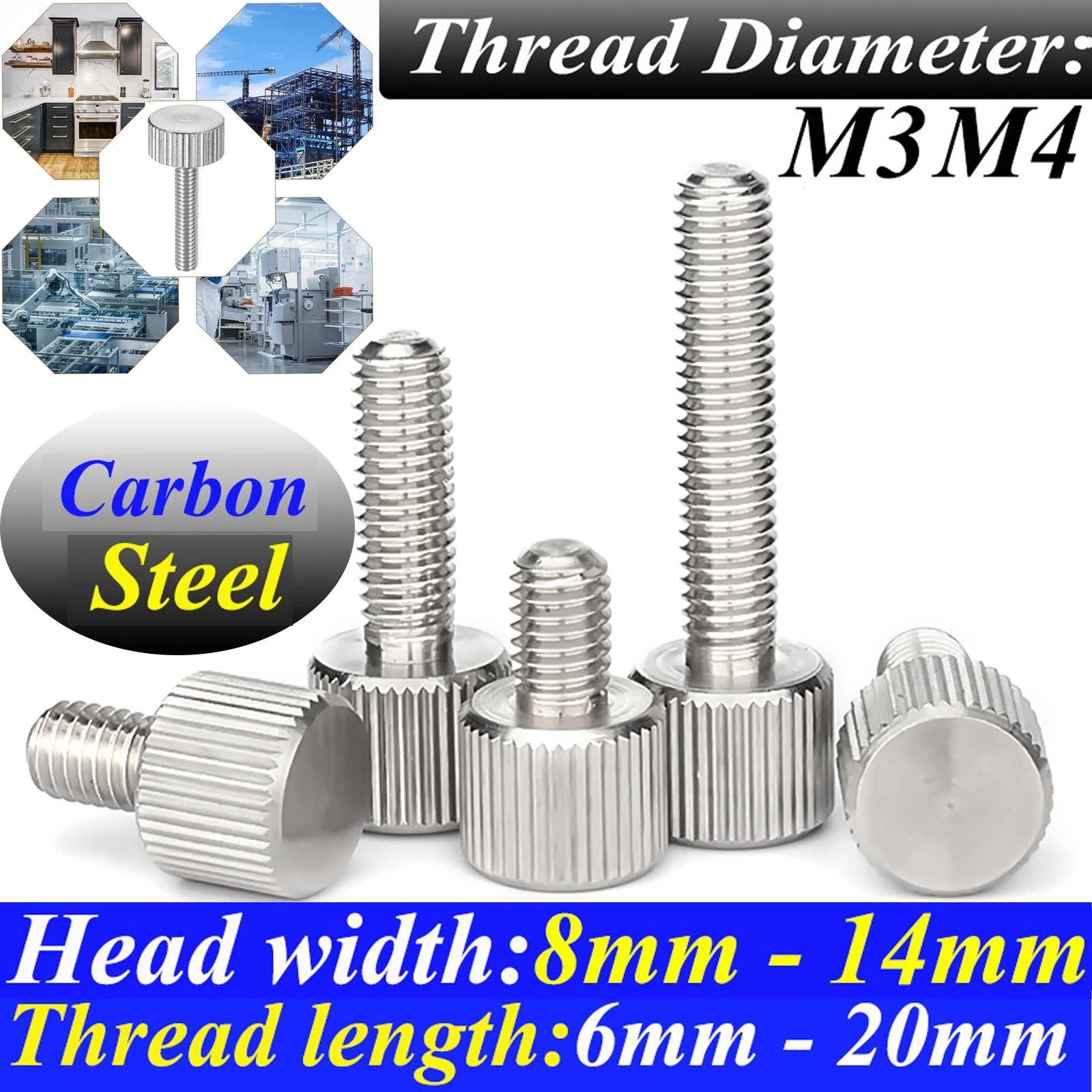 1 Pcs M3 M4 Knurled Thumb Screws Flat Head Thumb Screw Bolts Steel Nickle Plated