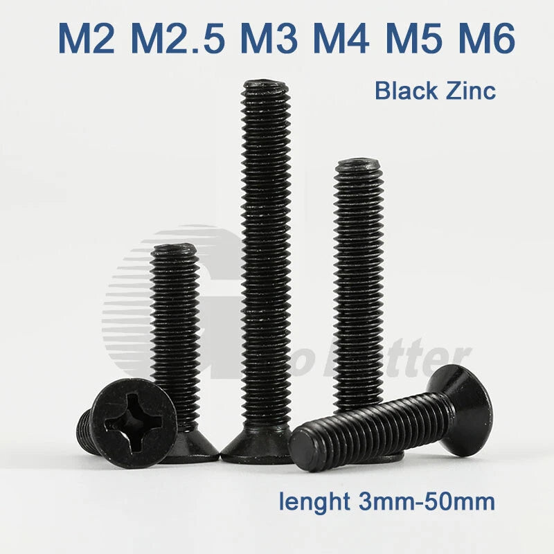 M2–M6 Black Zinc Countersunk Phillips Machine Screws – Steel, Fully Threaded (Overall Length Includes Head)