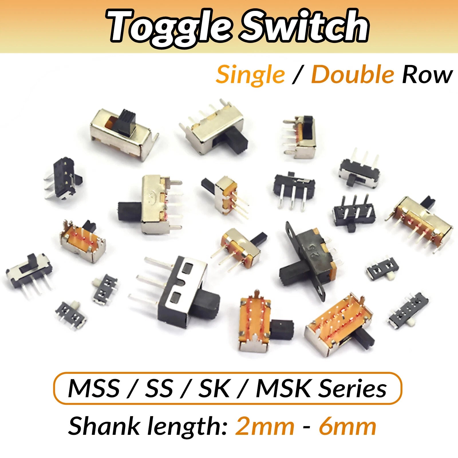 Mini Slide Switch PCB Mount — SS / SK / MSS / MSK Series, 3–8 Pin, 2mm–6mm Handle, Single & Double Row