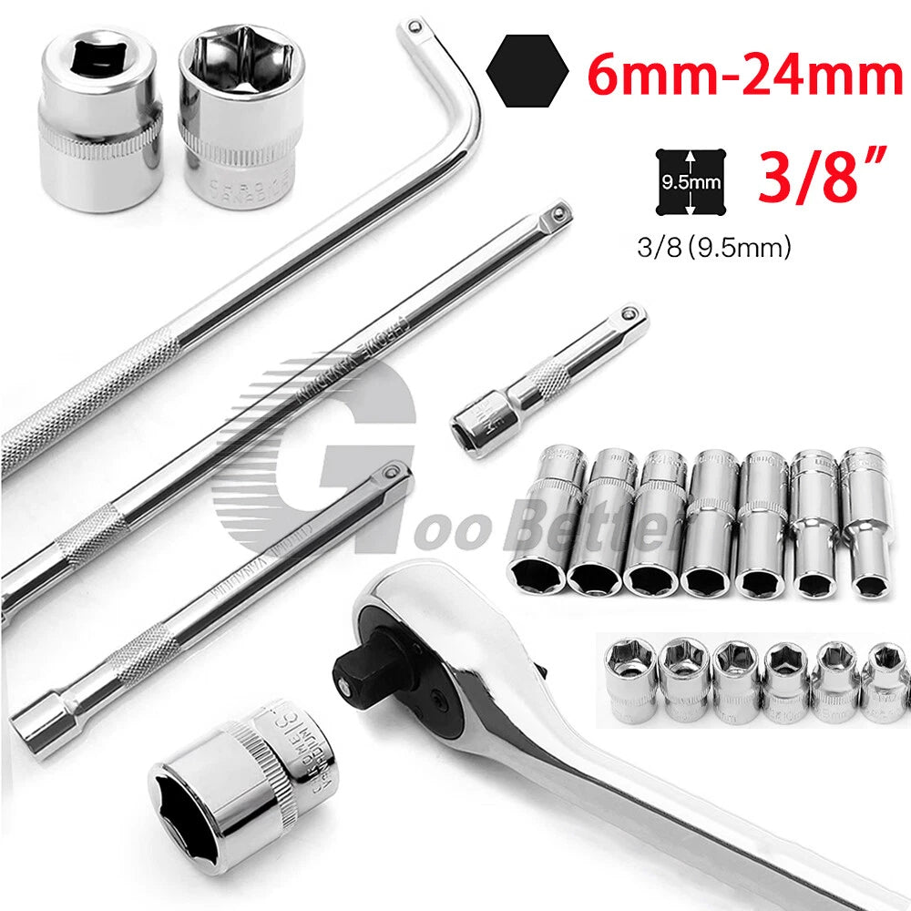 3/8" 6mm-24mm Hex Socket Drive Screwdriver Drill Set Ratchet Wrench Adapter Rod
