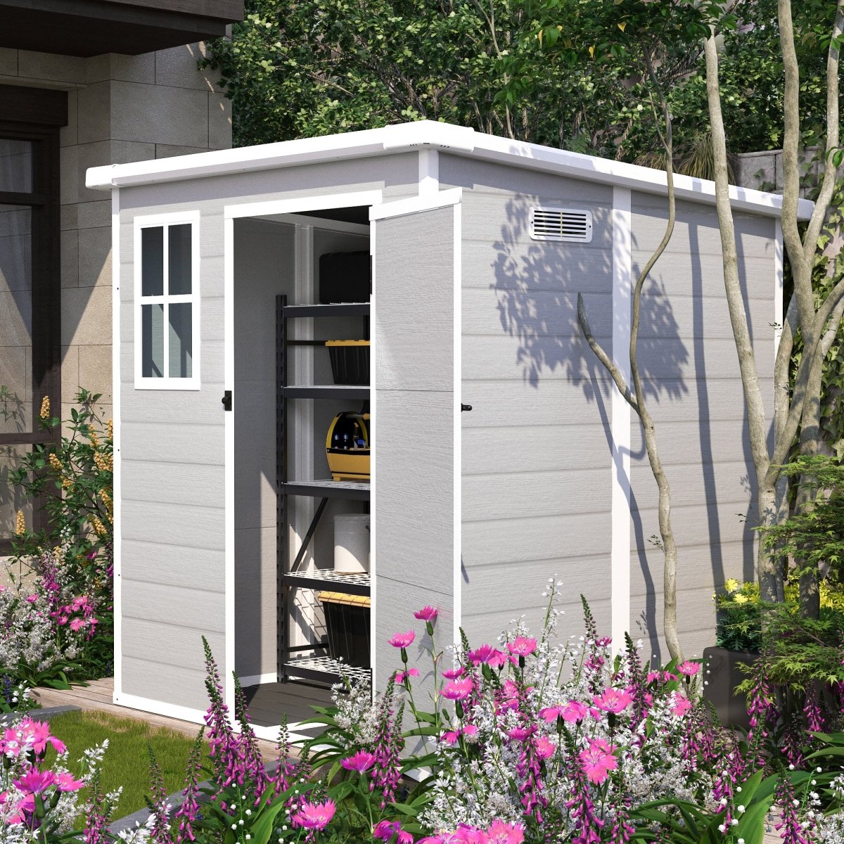 6x6 FT Storage Shed, Waterproof Resin Outdoor Storage Shed with Floor & Window & Lockable Doors and Vents, Tool Shed for Bike, Garden, Backyard,Lawn, All Weather Use, Light Grey - HomeDIYer