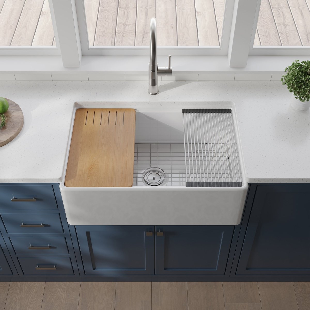 Fireclay 30" L X 20" W Workstation Farmhouse Kitchen Sink With Accessories - HomeDIYer