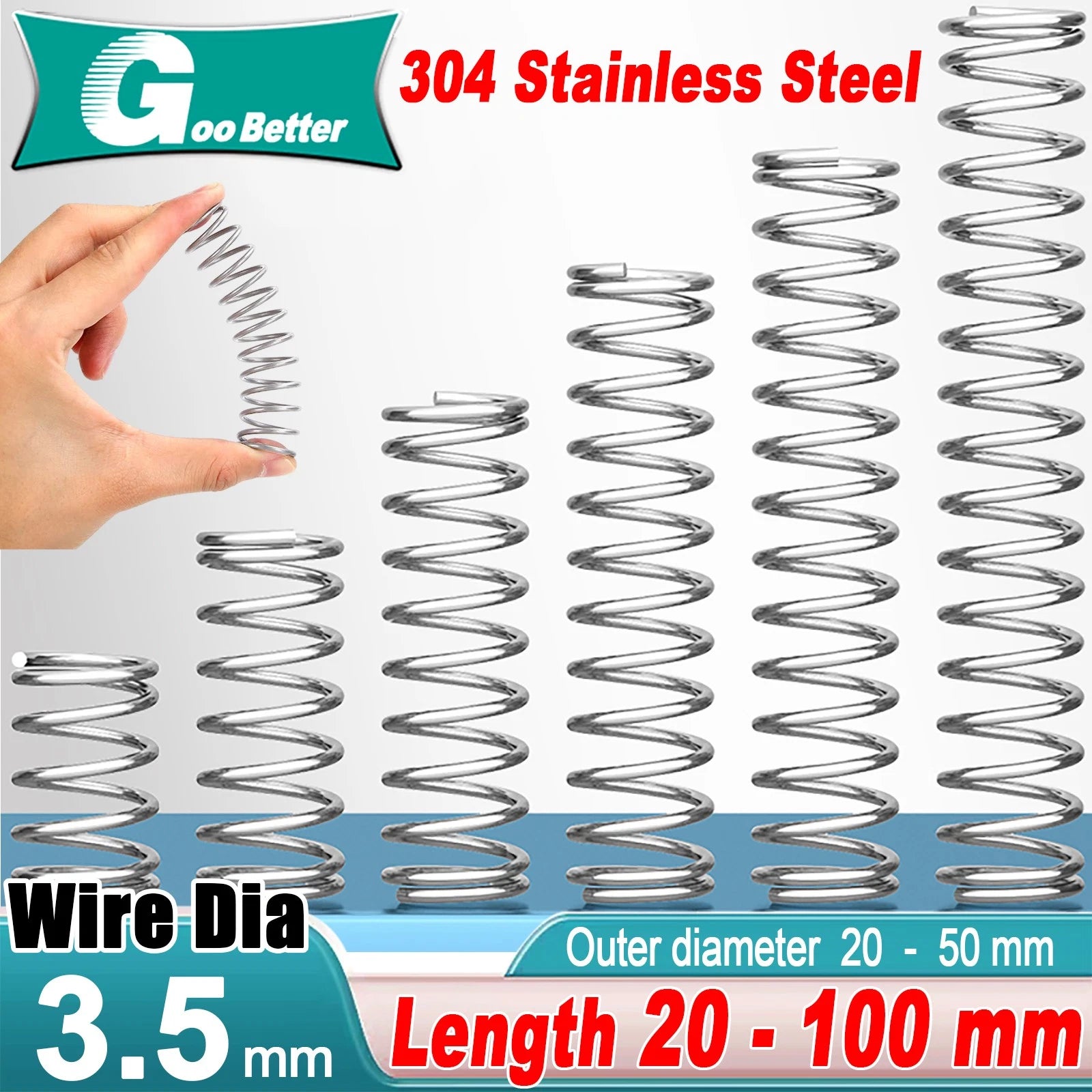 304 Stainless Steel Compression Spring Wire Dia 3.5mm, L 20-100mm, OD 20-50mm