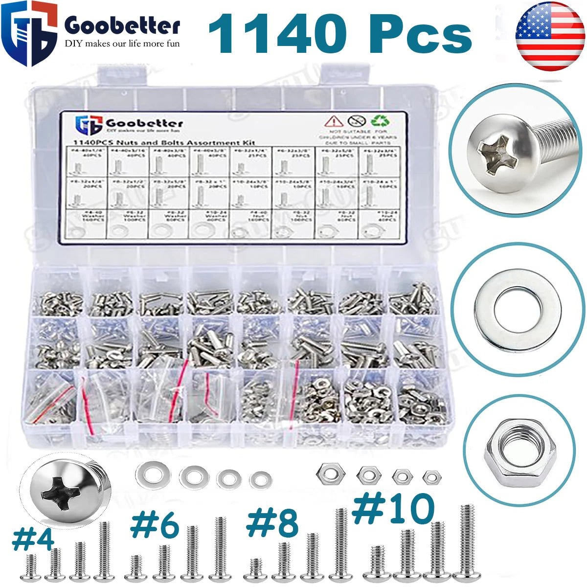 1140 - Piece Phillips Pan Head Machine Screw, Nut & Washer Set – 304 Stainless Steel, 4 6 8 10 (Imperial) - HomeDIYer